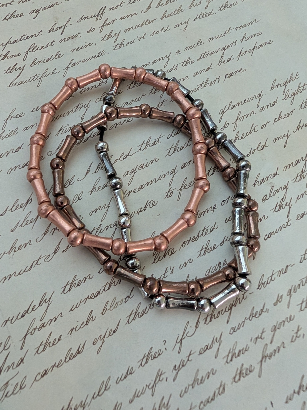 Copper & Silvertone Bamboo Bead Stretch Bracelet Set - Women Jewelry